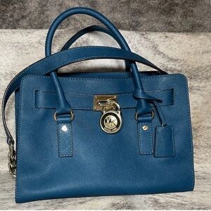 Michael Kors Hamilton Satchel Bag with Gold Chain - Dark Blue
